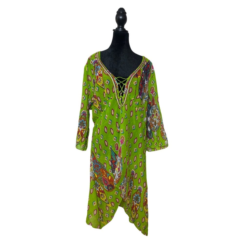 Vintage Jessica Taylor Size 1X Paisley BOHO swimsuit cover up  see-through tie